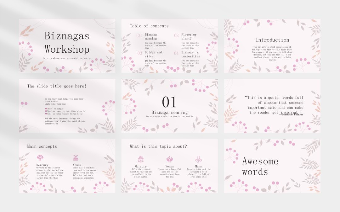 粉色卡通花卉文艺主题PPT模板