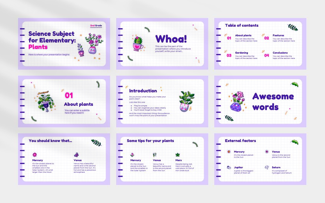 紫色卡通花卉文艺主题PPT模板