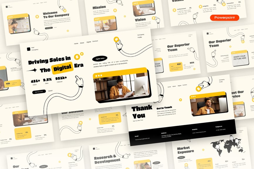 奶油黄色复古数字代理公司简介PPT模版 (PPTX,PPT)