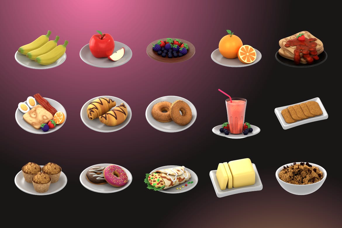 3D 早餐图标集 (FIG,PNG,PSD,Blend,GLTF)