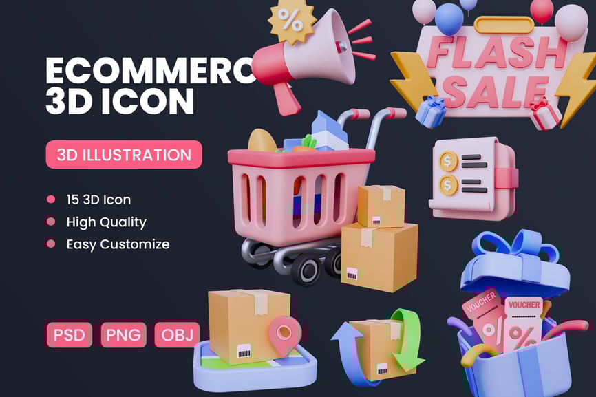 电子商务 3D 图标 (PNG,Blend,OBJ)