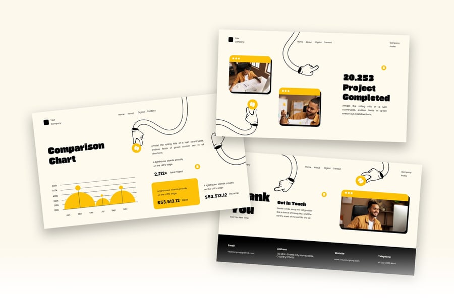 奶油黄色复古数字代理公司简介PPT模版 (PPTX,PPT)