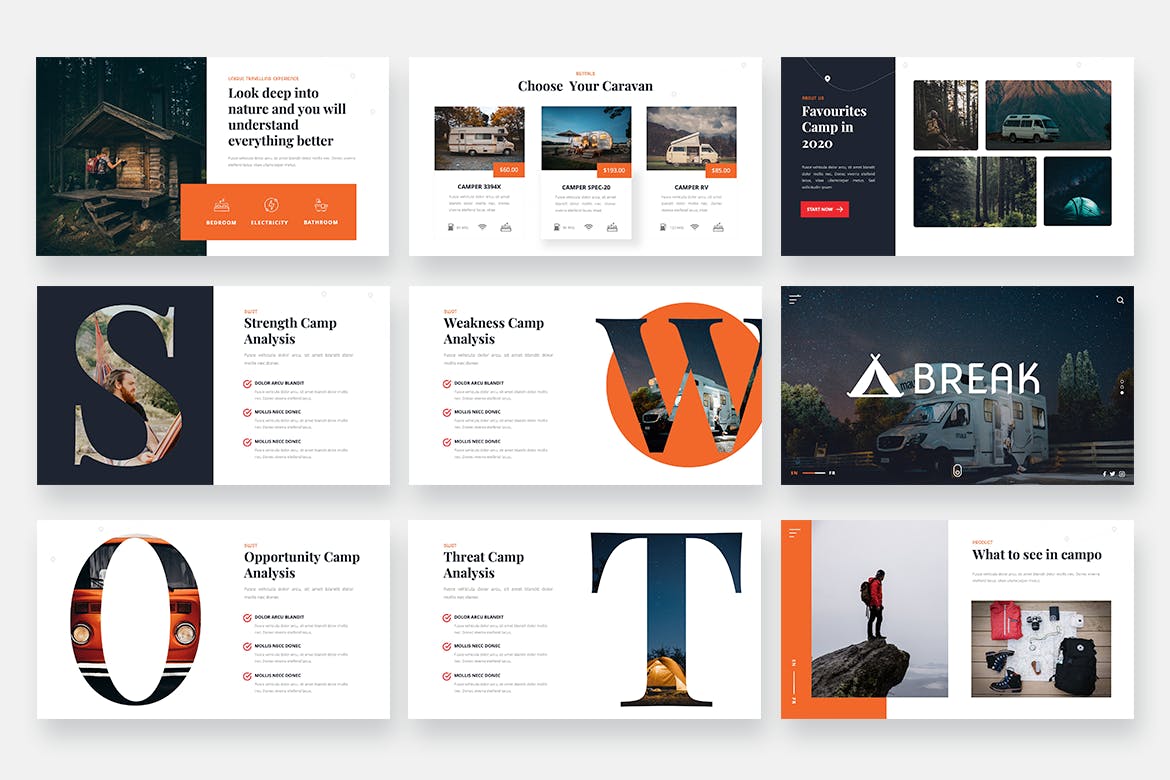 时尚高端多用途露营拓展训练SWOT分析大数据powerpoint幻灯片演示模板（pptx）