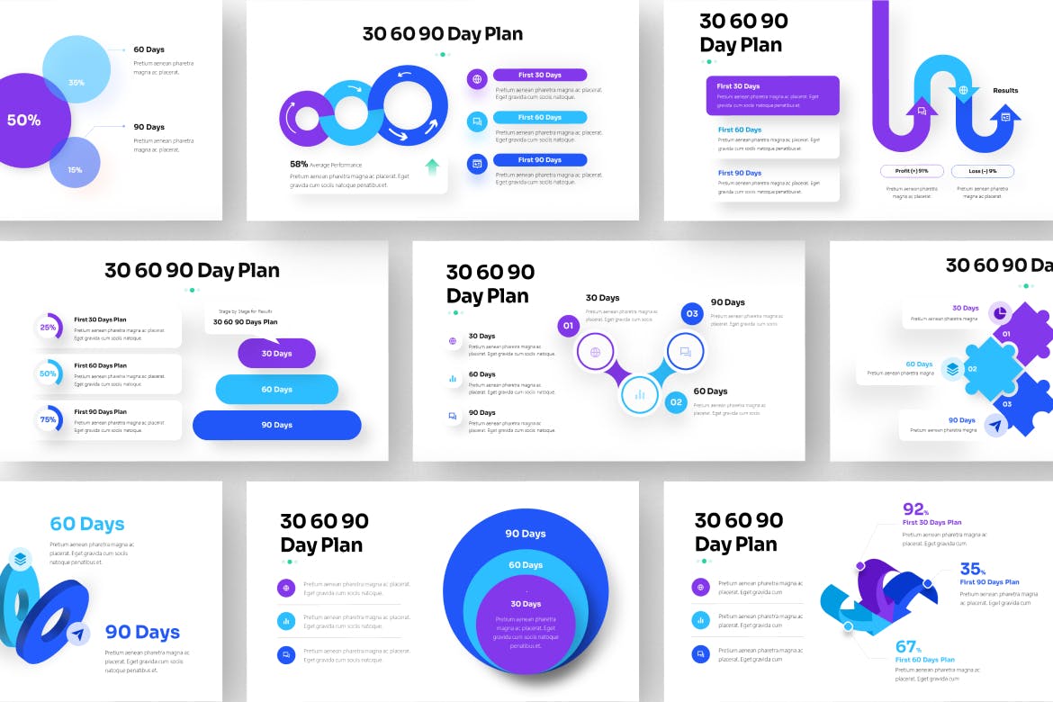 30 60 90 天计划信息图表PPT模板 (PPTX)