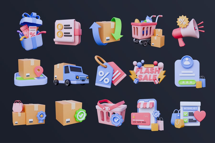 电子商务 3D 图标 (PNG,Blend,OBJ)