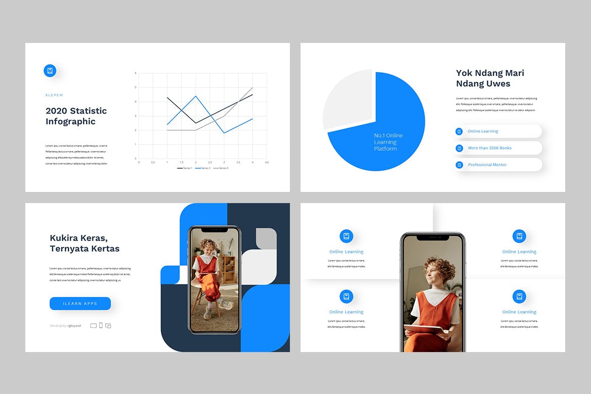 时尚高端简约清新学习在线教育powerpoint幻灯片演示模板（pptx）