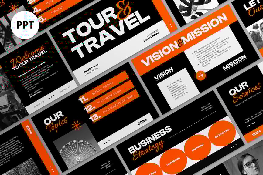 橙色大胆哥特式旅行社介绍PPT模版 (PPT,PPTX)