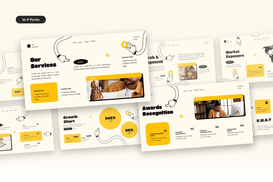 奶油黄色复古数字代理公司简介PPT模版 (PPTX,PPT)