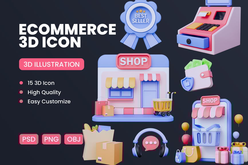 电子商务 3D 图标 (PNG,Blend,OBJ)
