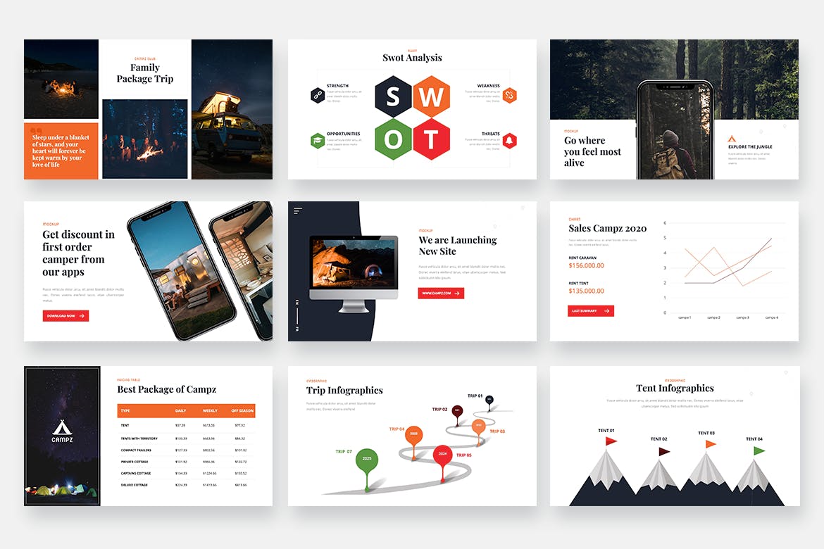 时尚高端多用途露营拓展训练SWOT分析大数据powerpoint幻灯片演示模板（pptx）