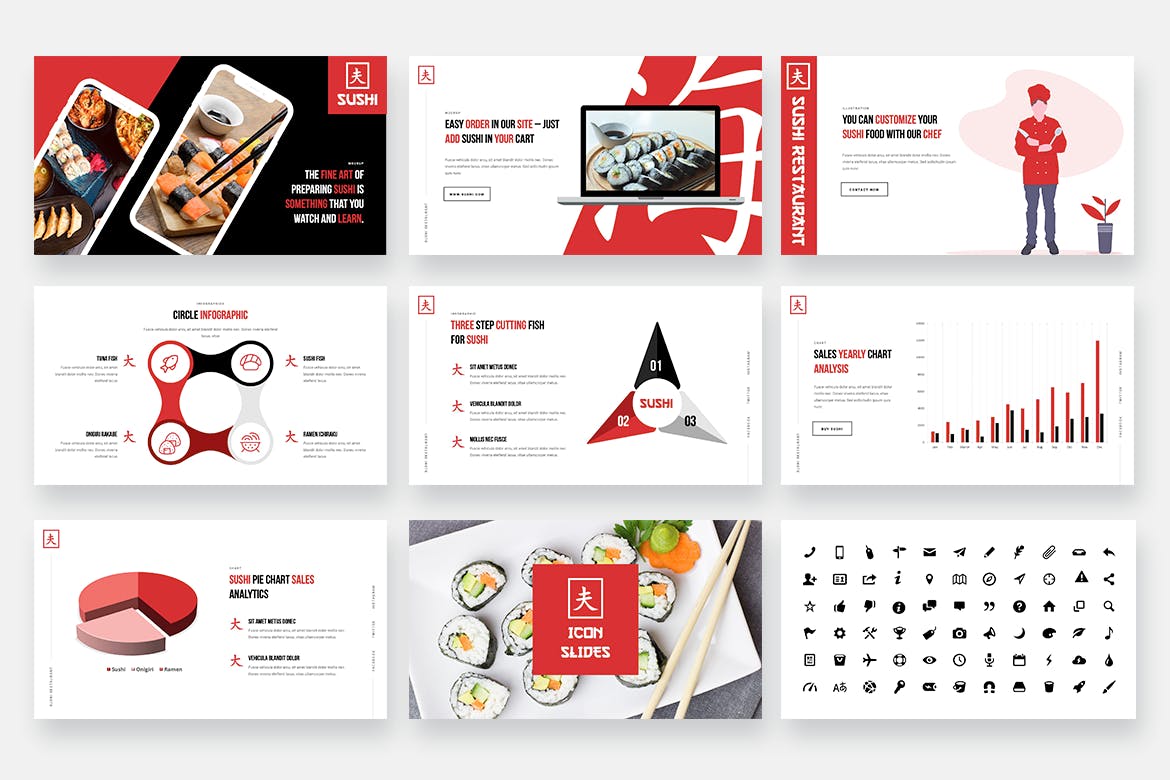 优雅的日式餐厅日本料理寿司powerpoint幻灯片演示模板（pptx）