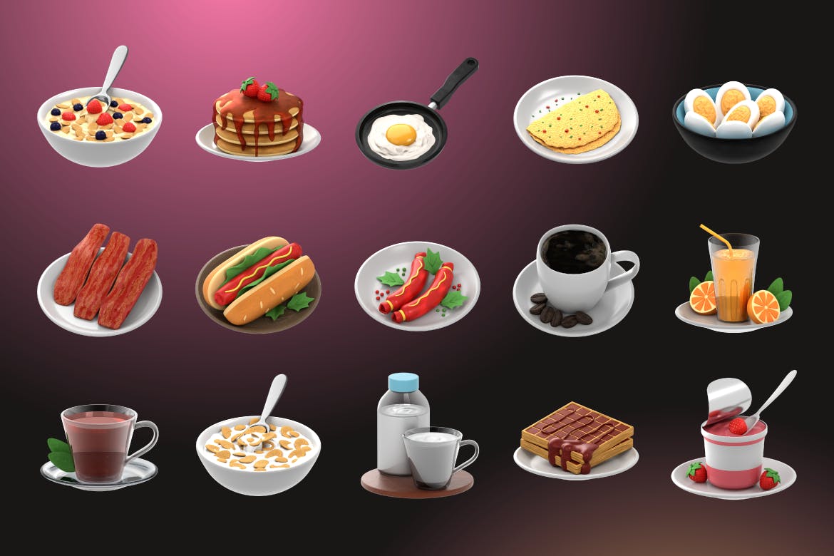3D 早餐图标集 (FIG,PNG,PSD,Blend,GLTF)