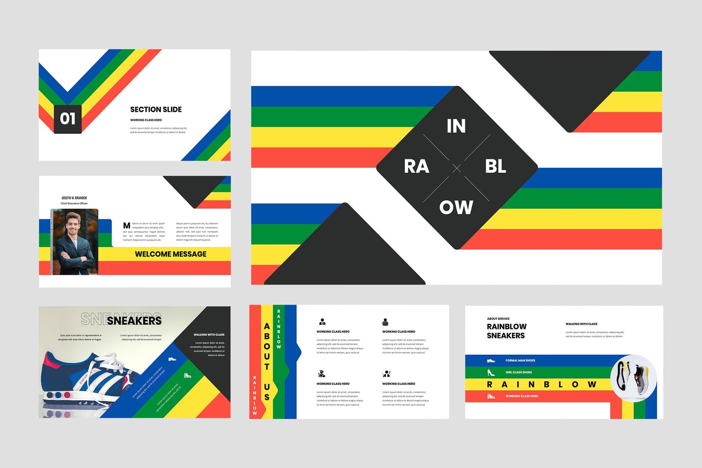 时尚高端简约复古风格七彩彩虹配色powerpoint幻灯片演示模板（pptx）