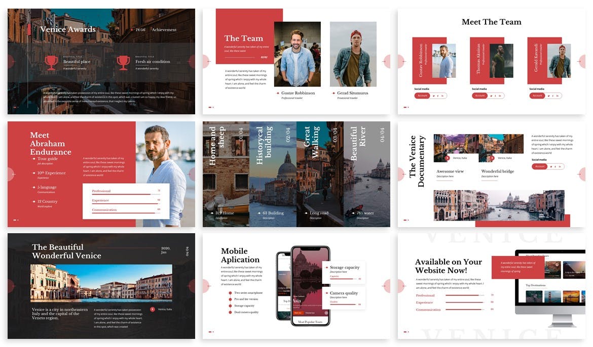 时尚高端简约威尼斯旅游度假风格的多用途powerpoint幻灯片演示模板（pptx）