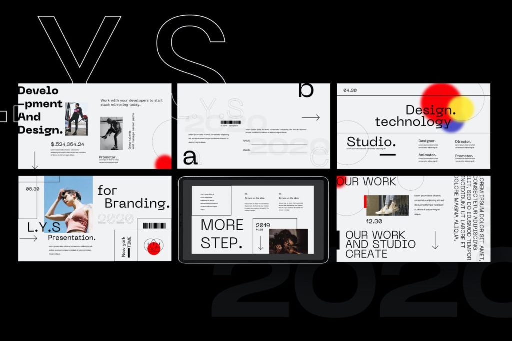 PPT模板 | 独特几何元素点线面现代风格时尚界杂志圈运动品牌拼贴Google幻灯片模板