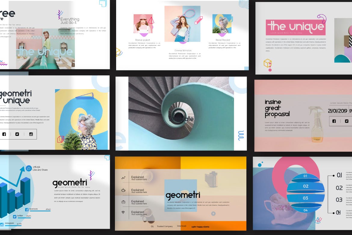 PPT模板 | 现代几何彩色时尚杂志独特优雅设计演示文稿幻灯片PPTX模板