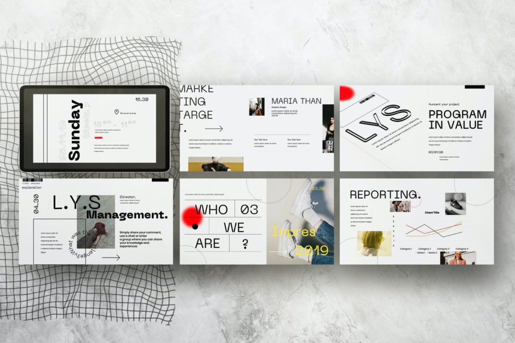 PPT模板 | 独特几何元素点线面现代风格时尚界杂志圈运动品牌拼贴Google幻灯片模板