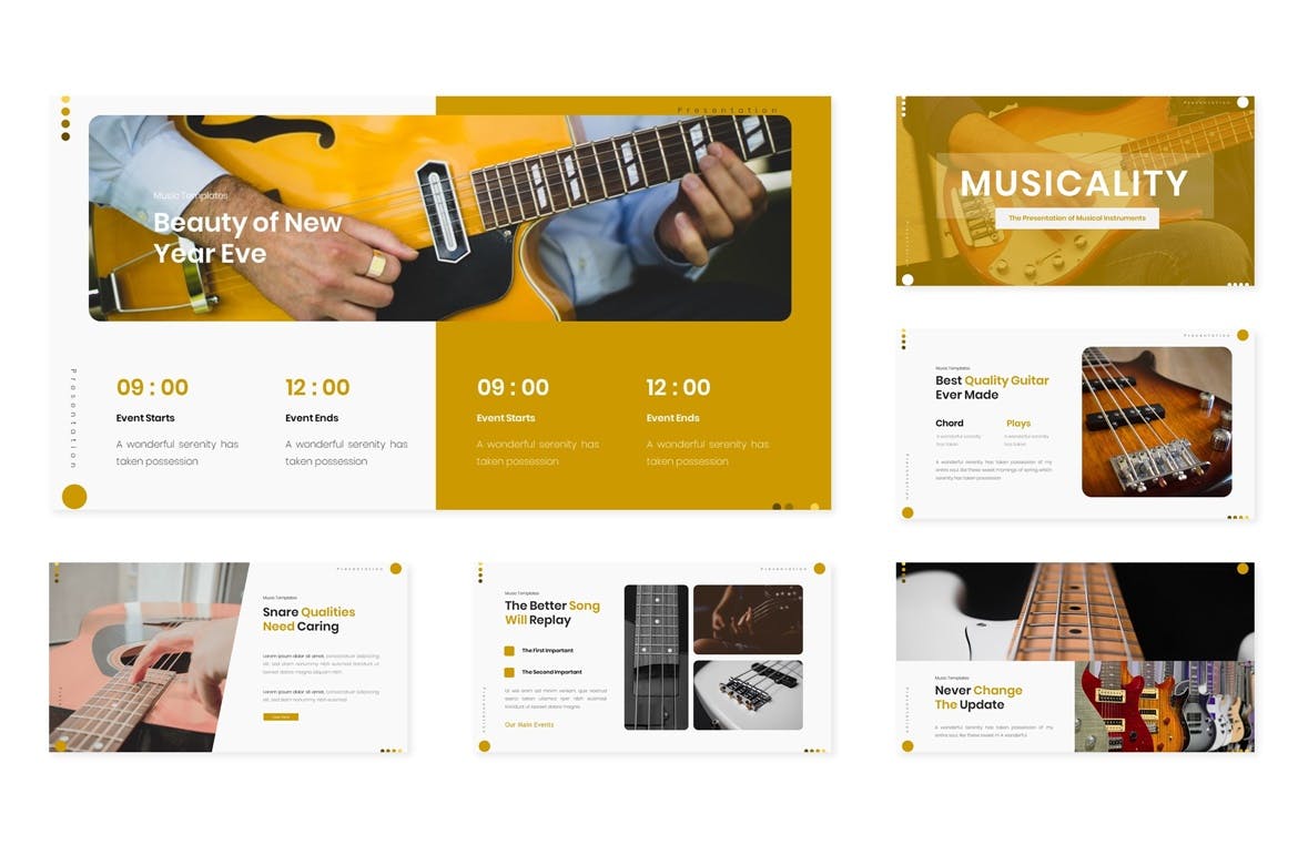 优雅高端时尚简约多功能音乐powerpoint幻灯片演示模板（pptx）