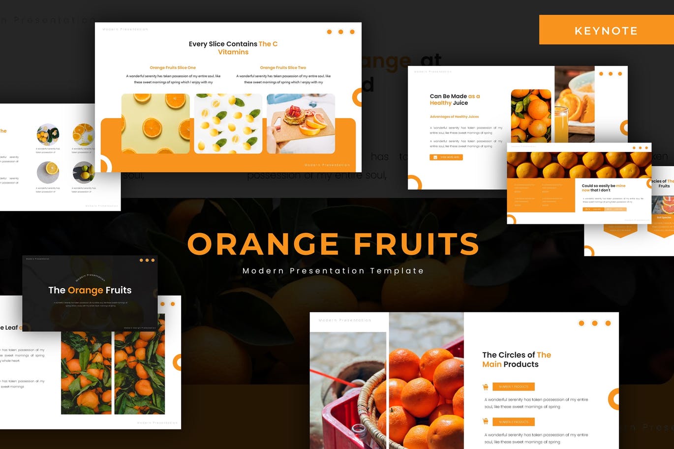 时尚简约好用的清新橙色配色水果主题keynote幻灯片演示模板（key）