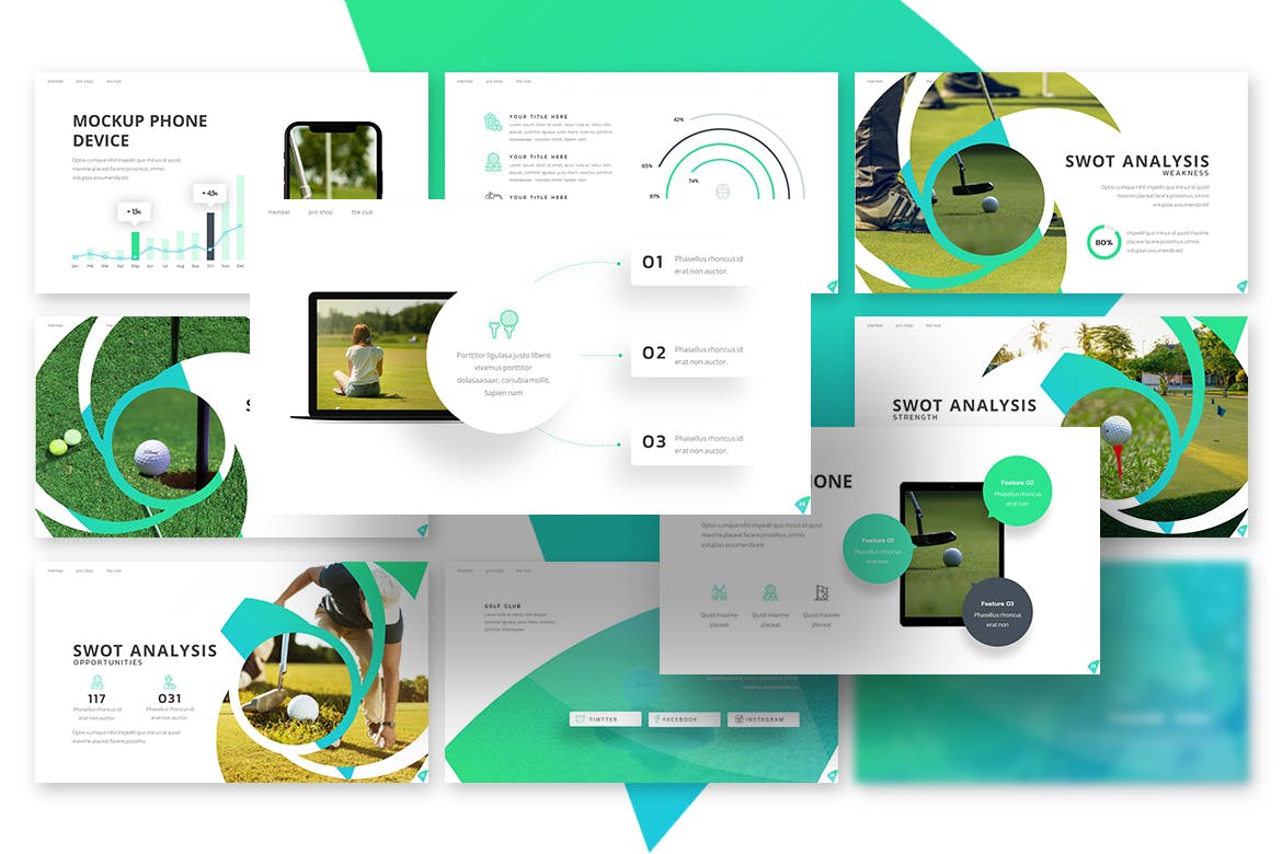 时尚高端高尔夫运动几何图形powerpoint幻灯片演示模板（pptx）