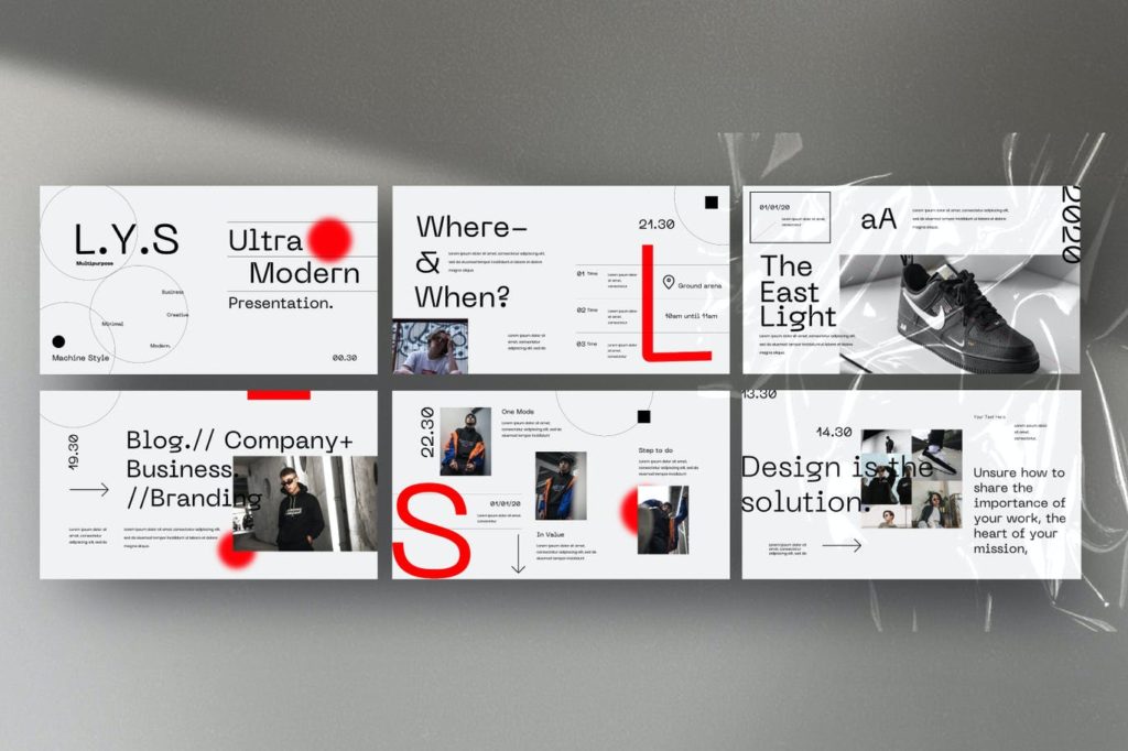 PPT模板 | 独特几何元素点线面现代风格时尚界杂志圈运动品牌拼贴Google幻灯片模板