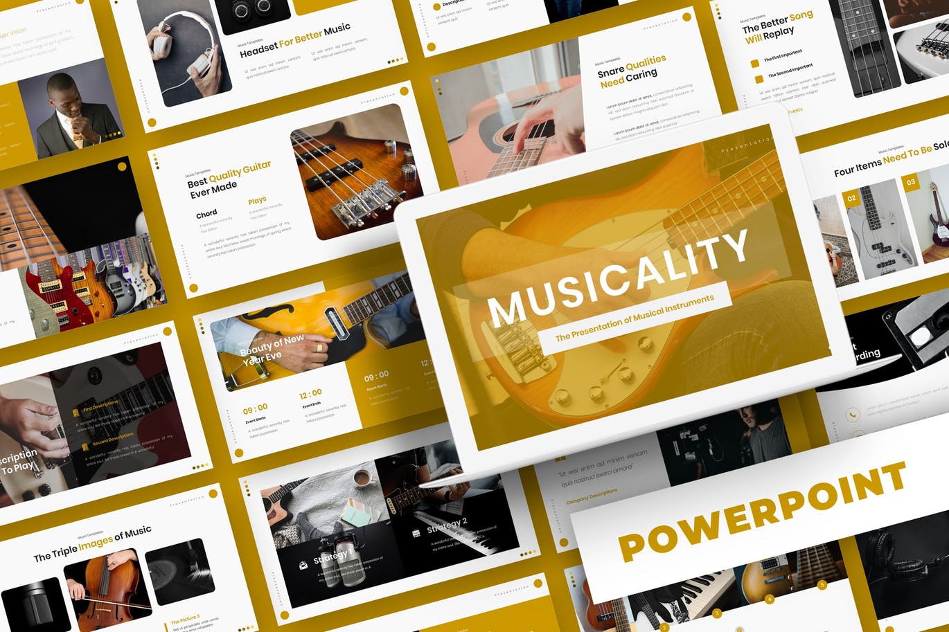 优雅高端时尚简约多功能音乐powerpoint幻灯片演示模板（pptx）