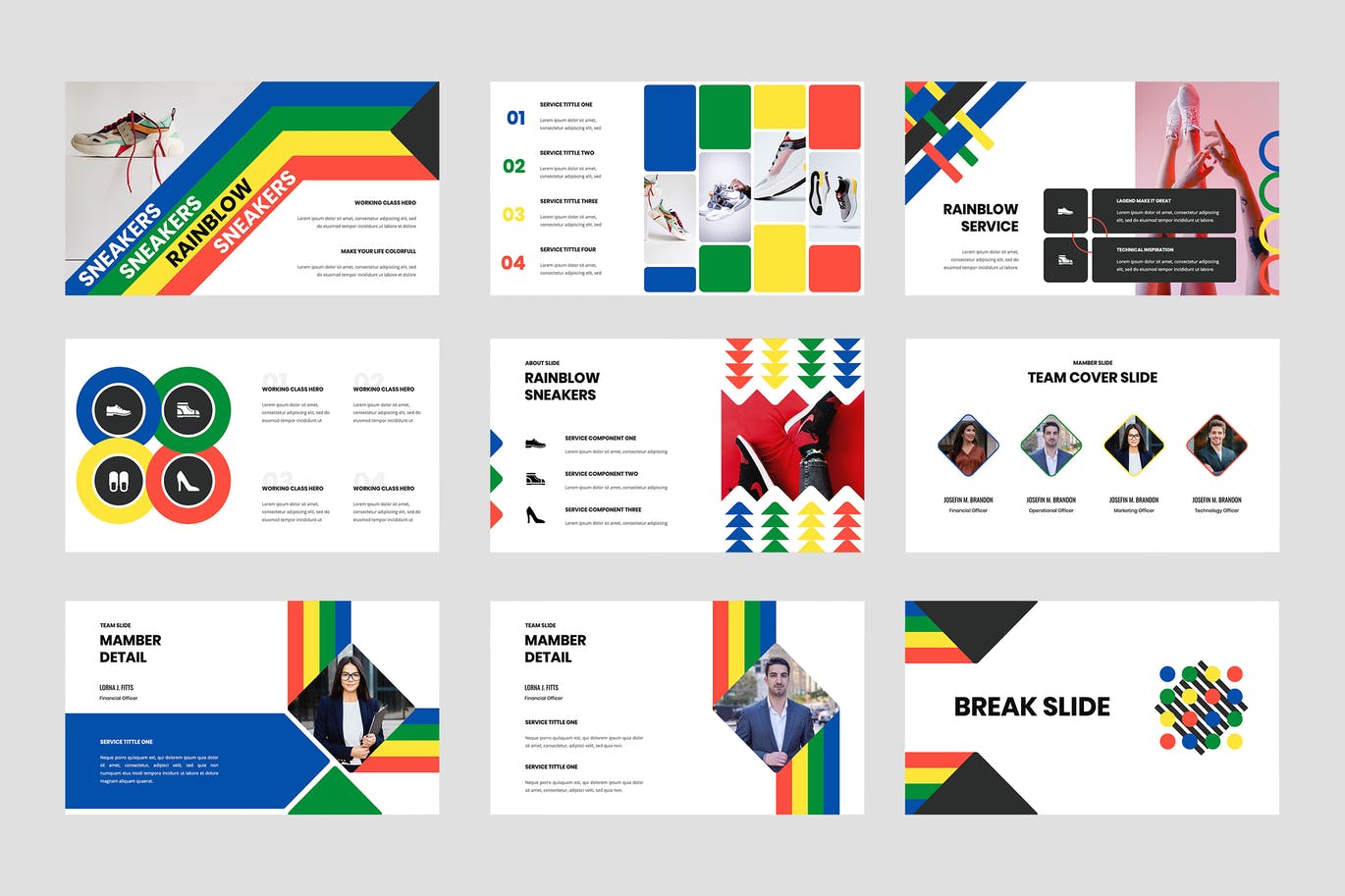 时尚高端简约复古风格七彩彩虹配色powerpoint幻灯片演示模板（pptx）