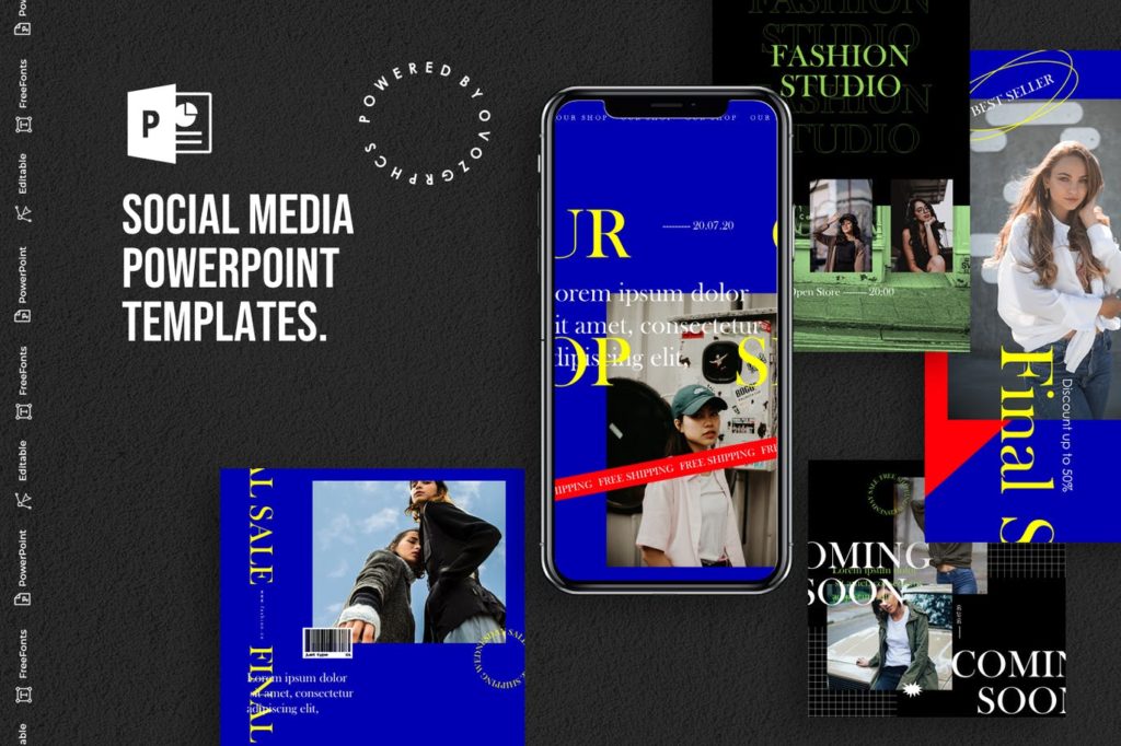 PPT模板 | 时尚潮流INS流行蓝色红色撞色系欧美版式社交媒体PowerPoint模板