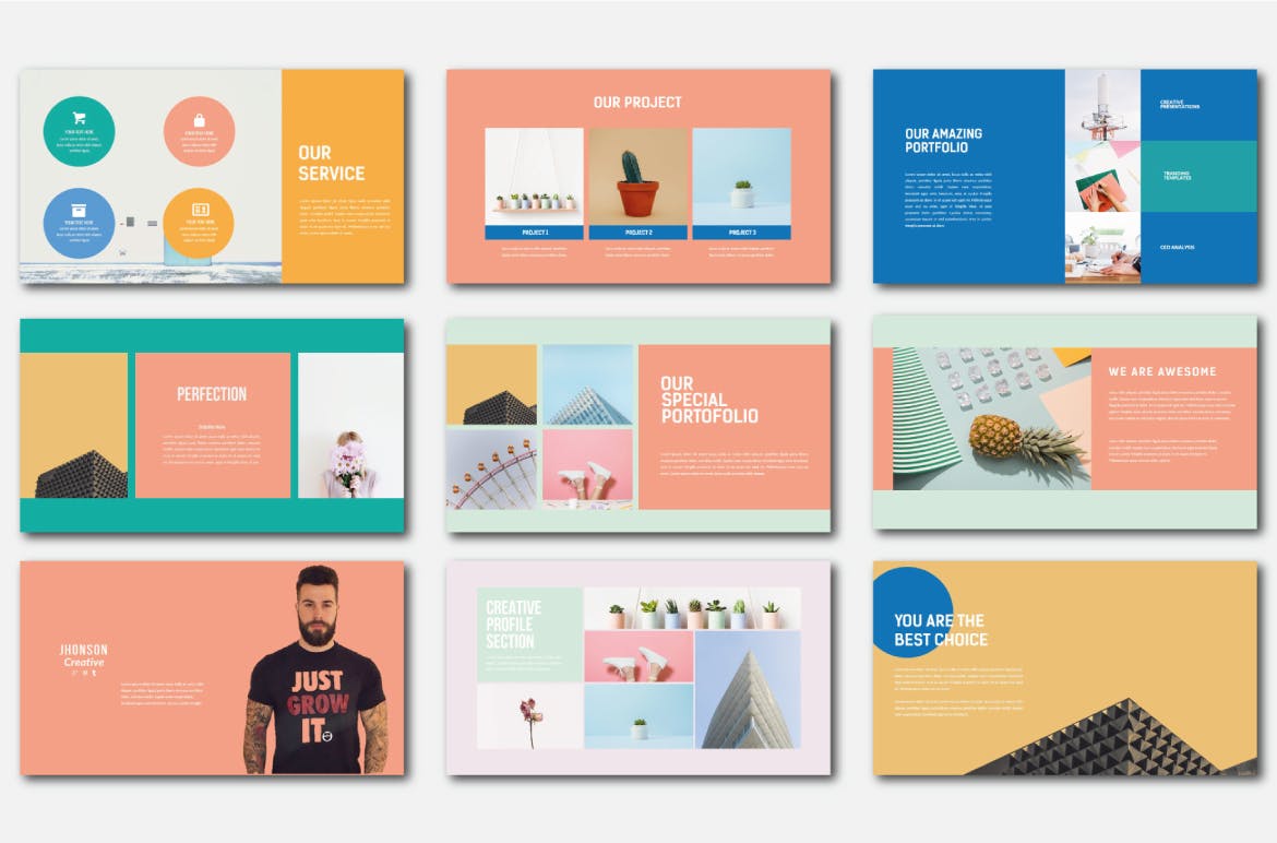 时尚高端清新马克龙配色powerpoint幻灯片演示模板（pptx）