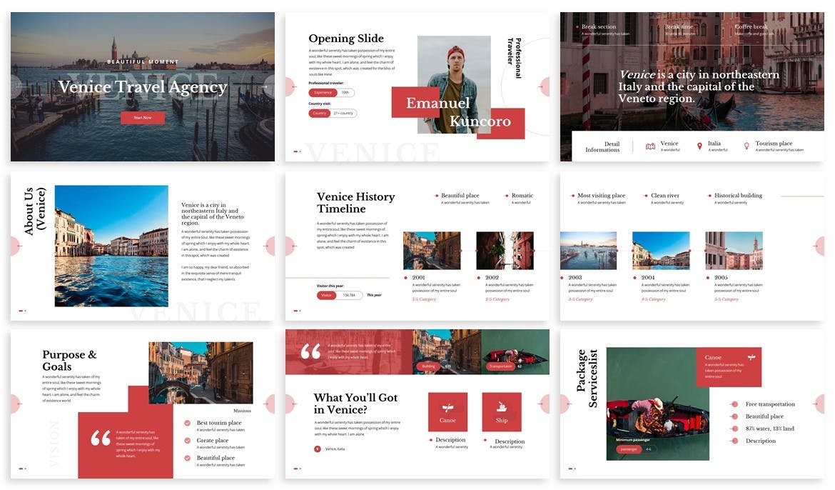 时尚高端简约威尼斯旅游度假风格的多用途powerpoint幻灯片演示模板（pptx）