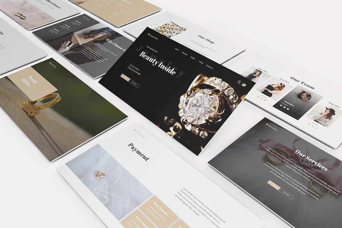 时尚高端优雅结婚婚礼珠宝店powerpoint幻灯片演示模板（pptx）