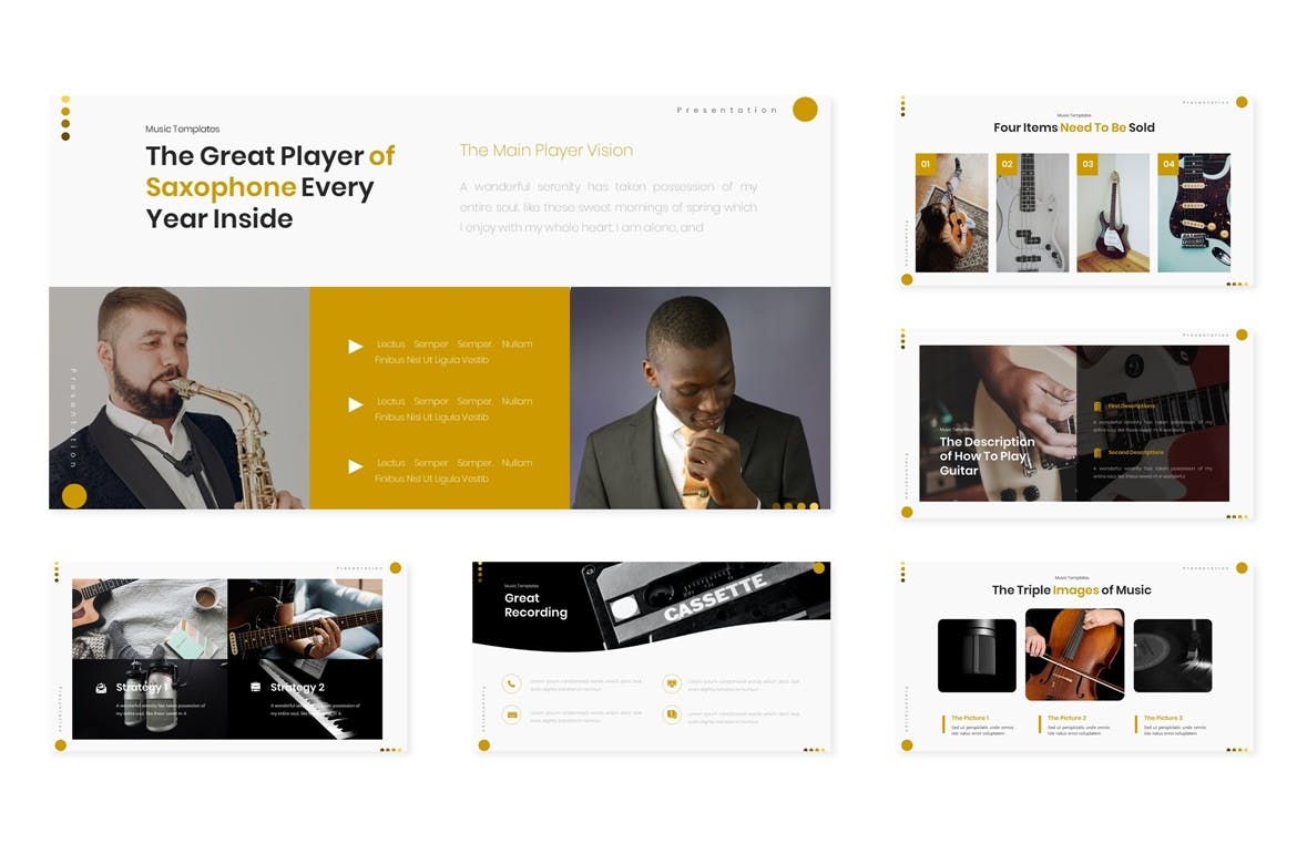 优雅高端时尚简约多功能音乐powerpoint幻灯片演示模板（pptx）