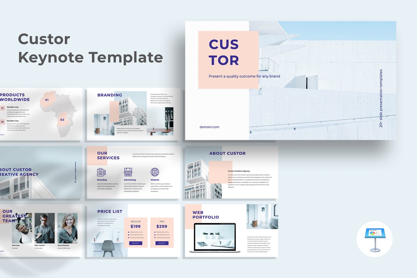 简约时尚优雅配色的创意机构主题演讲keynote幻灯片演示模板（key）