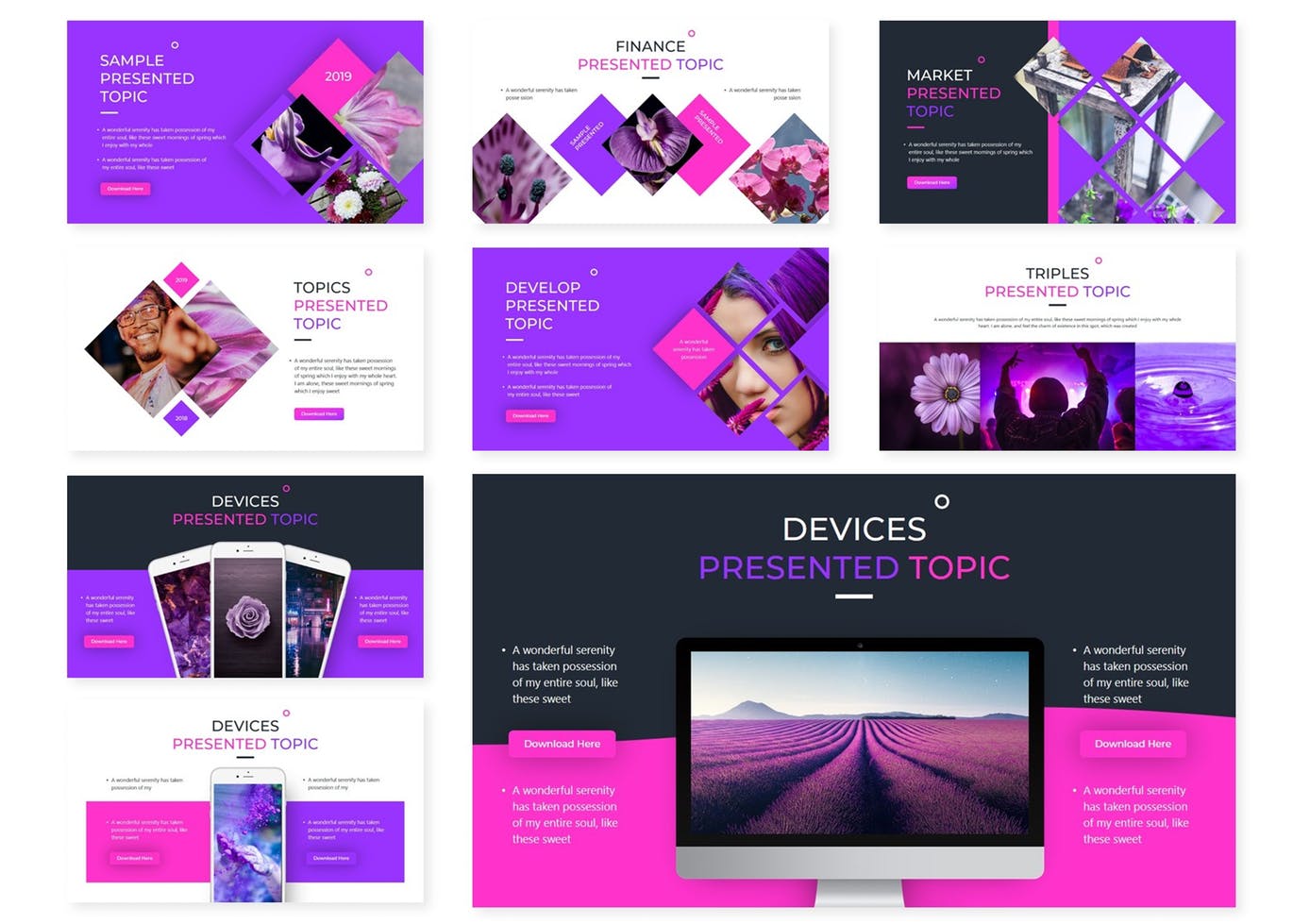 时尚绚丽高端女性化紫色粉色配色的高品质powerpoint幻灯片演示模板(pptx)