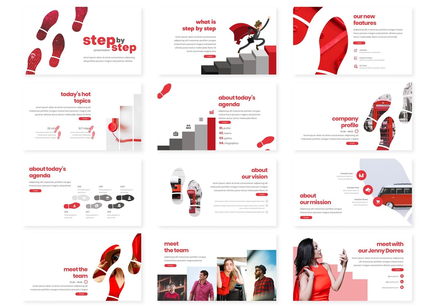 带有一步一个脚印元素的高品质少见稀有powerpoint幻灯片演示模板（pptx）