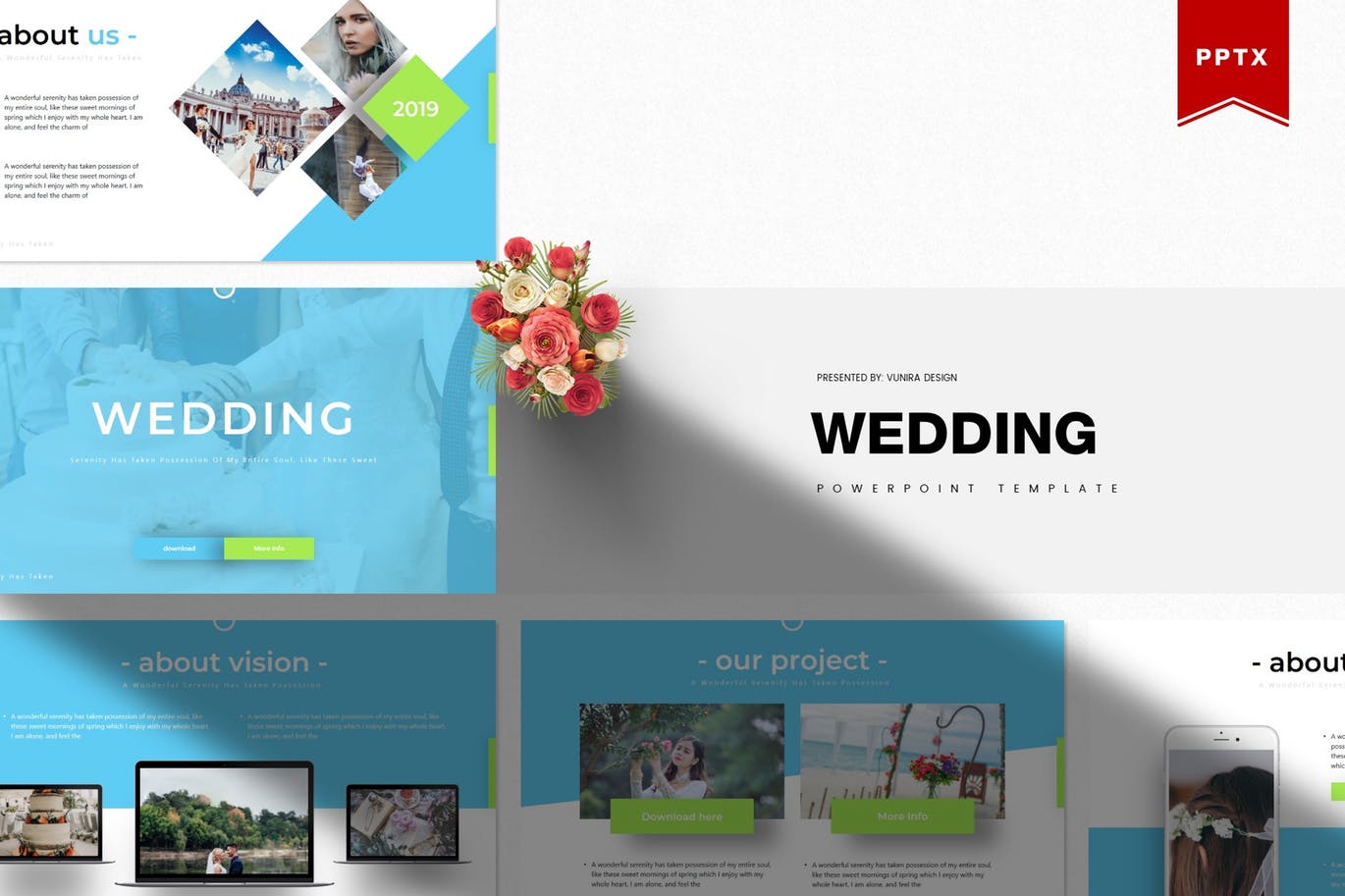 时尚高端简约清新配色的婚礼powerpoint幻灯片演示模板（pptx）