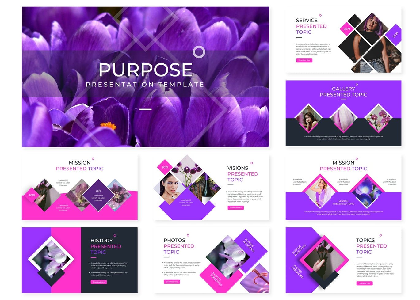 时尚绚丽高端女性化紫色粉色配色的高品质powerpoint幻灯片演示模板（pptx）
