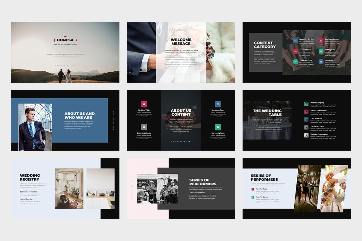 时尚高端专业的高品质婚礼策划师powerpoint幻灯片演示模板（pptx）