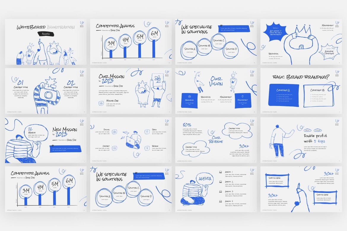 白板蓝色插画ppt模板 (PPTX)