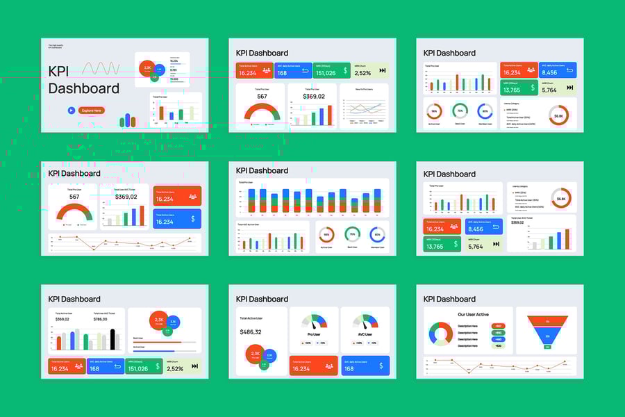 红蓝色现代 KPI 仪表板模板PPT模版 (PPT,PPTX)