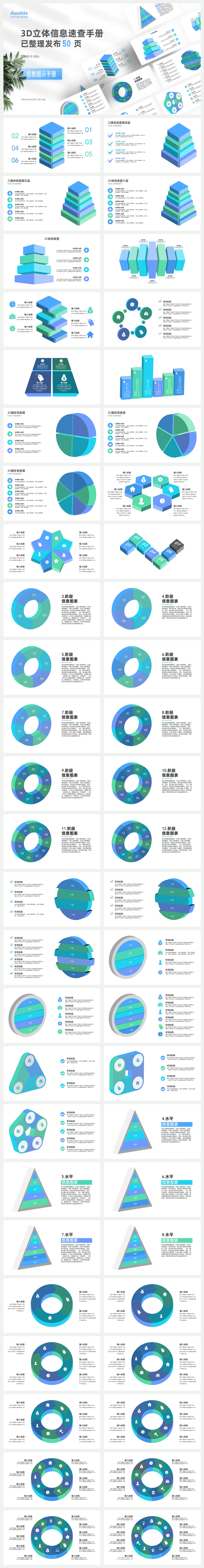 50页3D立体信息图示PPT模板，构建可视化PPT
