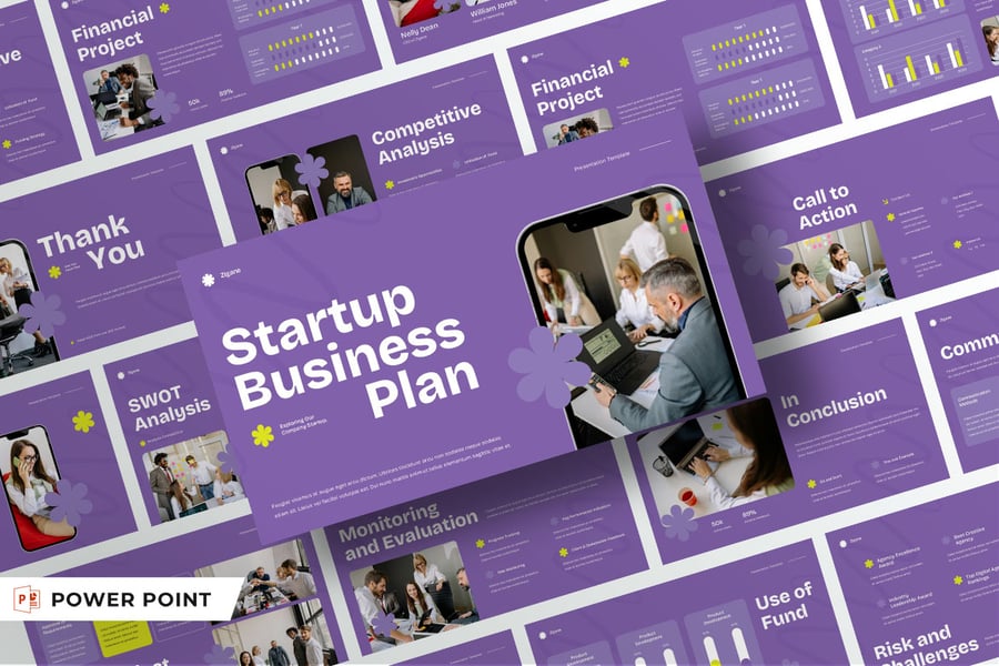 紫黄色现代创业商业计划书 PPT模板 (PPTX,PPT)