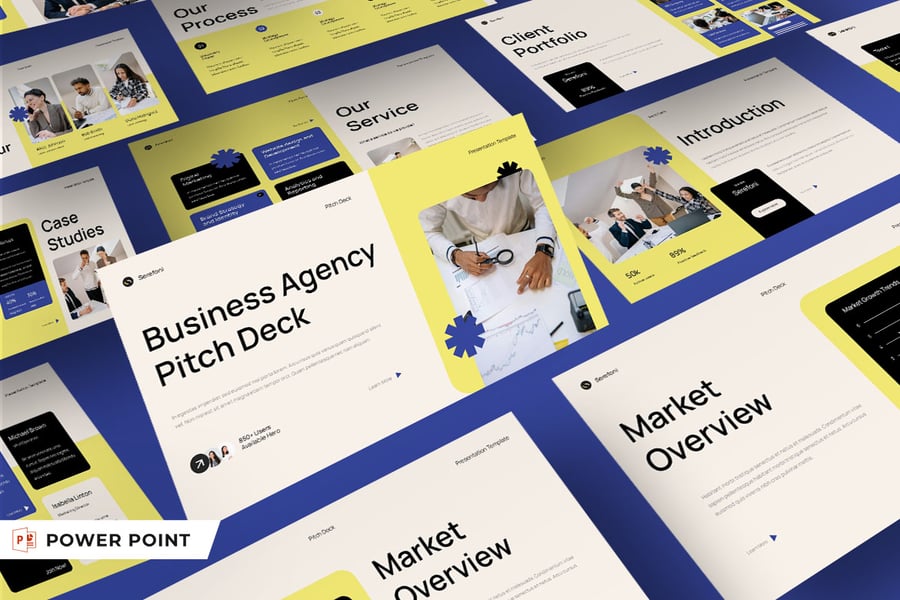 黄蓝色现代商业机构宣传 PPT模板 (PPT,PPTX)