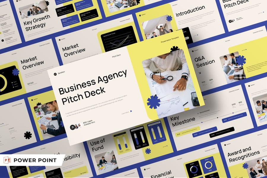 黄蓝色现代商业机构宣传 PPT模板 (PPT,PPTX)