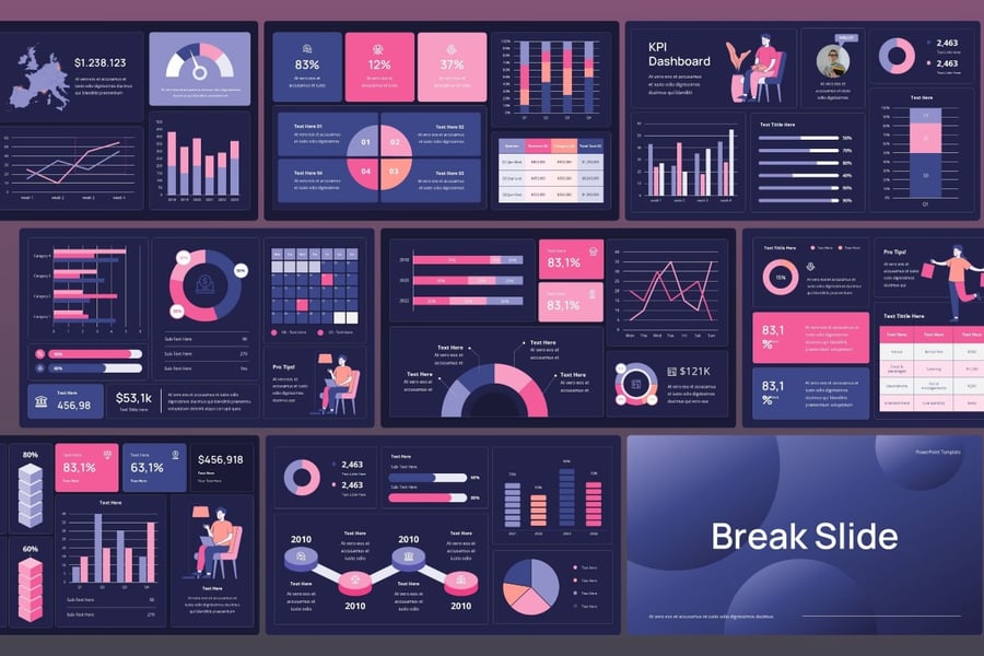 KPI 洞察仪表板深色版本。PPT模板 (PPTX)