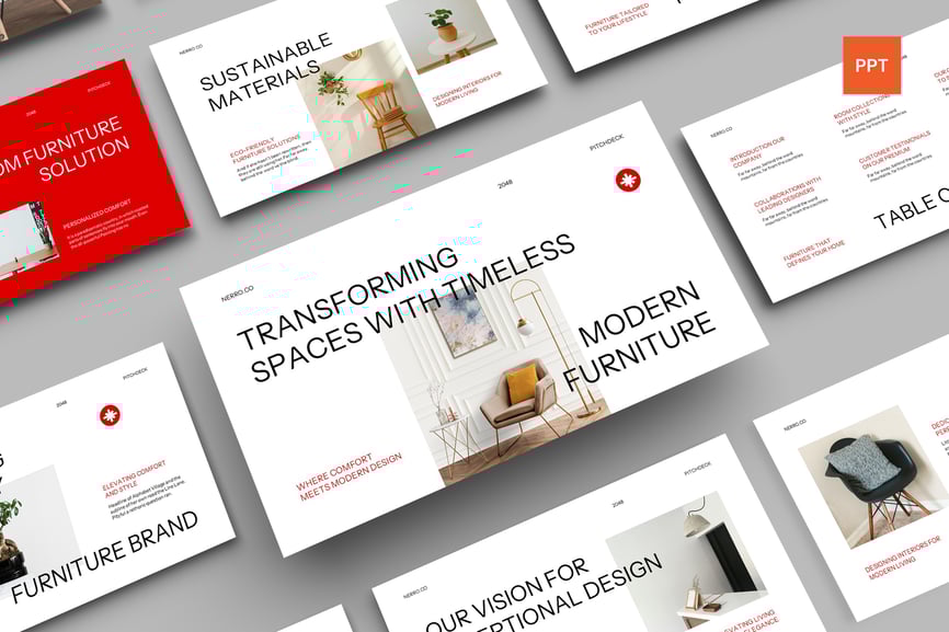 红色极简家具公司宣传片PPT模板  (PPT,PPTX)