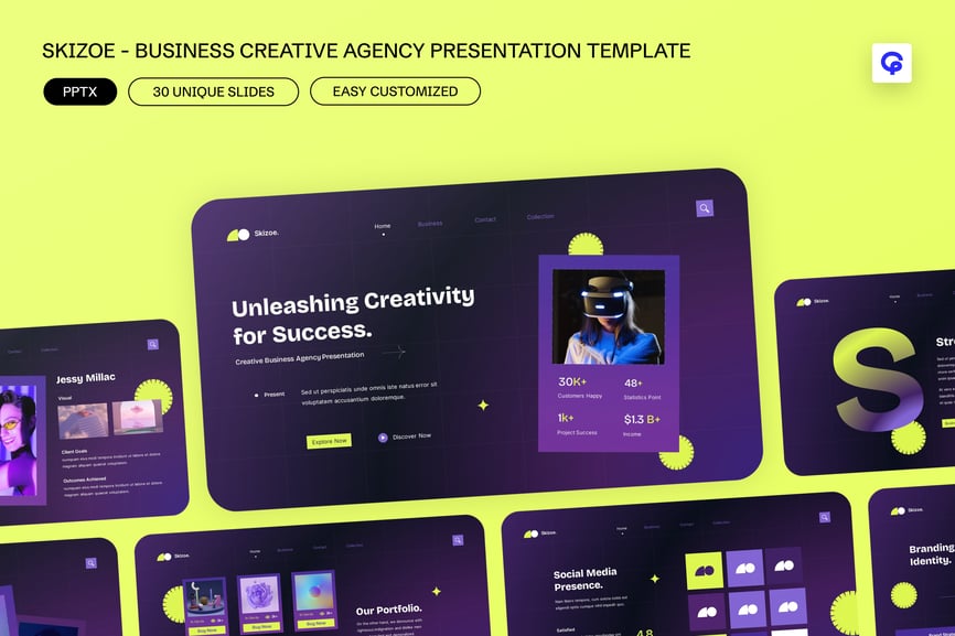 黄紫色现代创意商业机构PPT模板 (PPTX,PPT)