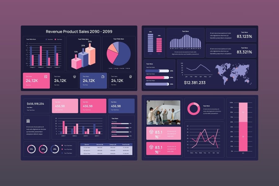 KPI 洞察仪表板深色版本。PPT模板 (PPTX)