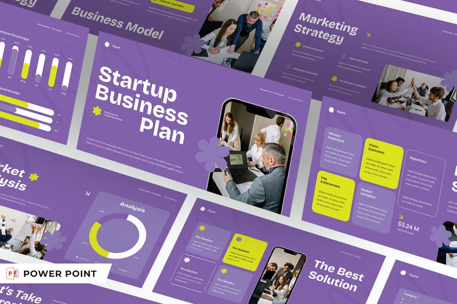 紫黄色现代创业商业计划书 PPT模板 (PPTX,PPT)