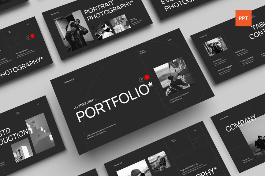 黑色简约摄影作品集PPT模板  (PPT,PPTX)